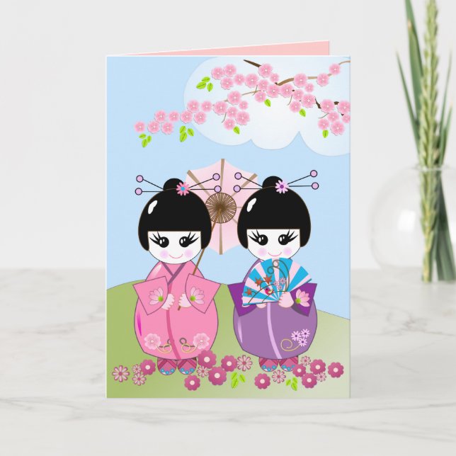 Birthday card wth Japanese dolls & Cherry blossoms (Front)