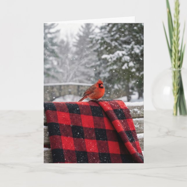 Birthday Cardinal On a Buffalo Plaid Blanket Card (Front)