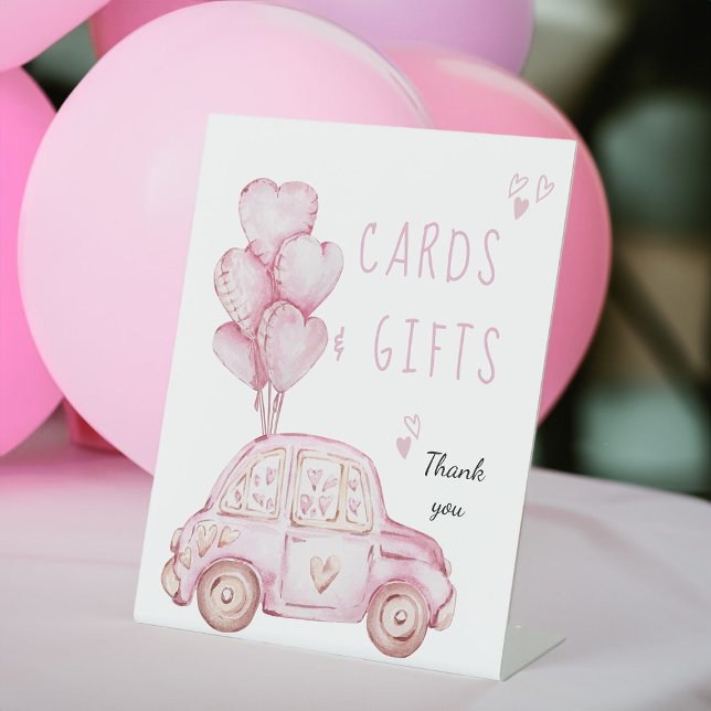 Birthday Cards and Gifts Pink Balloons and Car Pedestal Sign (Cards and Gifts Tabletop Sign with pink card and balloons)