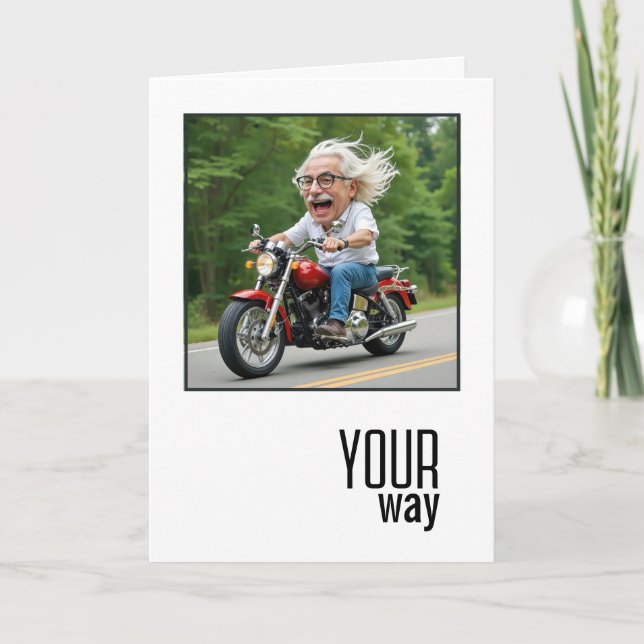 Birthday Caricature Old Man On a Motorcycle Card (Front)