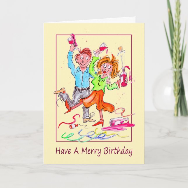 Birthday Cartoon Caricature of a  Couple Partying Card (Front)