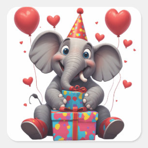 Birthday Cartoon Elephant With Balloons 🐘 Square Sticker