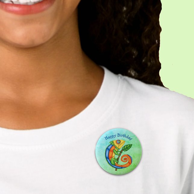 Birthday Cartoon Lizard Bright Colours on Leaf 6 Cm Round Badge (Happy Birthday cartoon lizard in bright colours with leaf on blue green kids pin back button.)