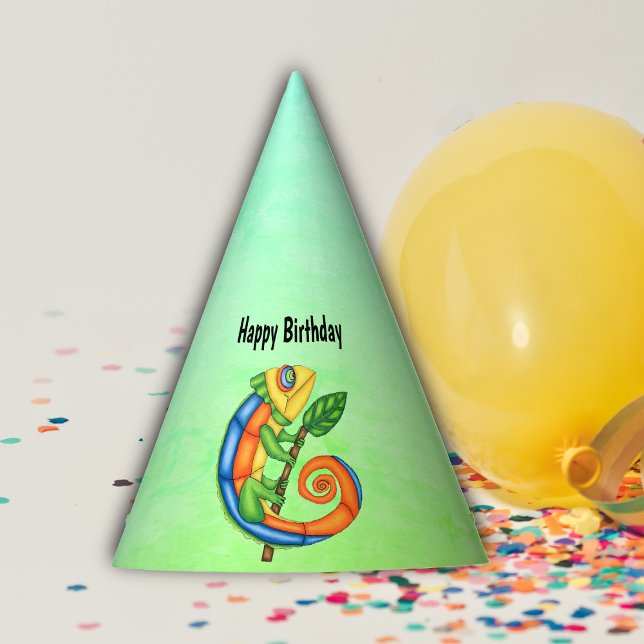 Birthday Cartoon Lizard in Bright Colours Leaf Party Hat (Cartoon cute lizard bright colours with leaf on blue green mix paper kids birthday party hat.)