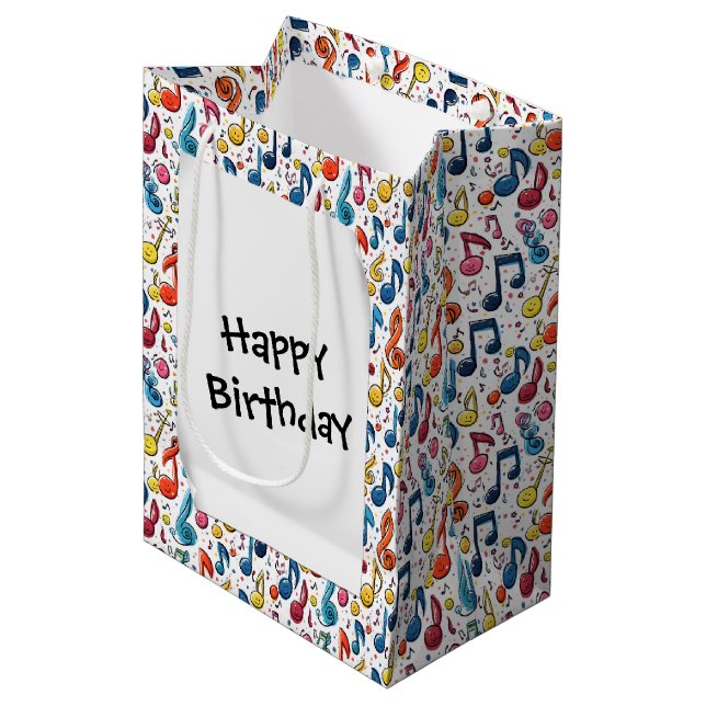 Birthday Cartoon Musical Notes Medium Gift Bag (Front Angled)
