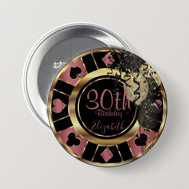 Birthday Casino Poker Chip - Rose 7.5 Cm Round Badge (Front & Back)