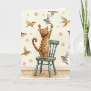 Birthday Cat Catching a Bird On Wallpaper Card