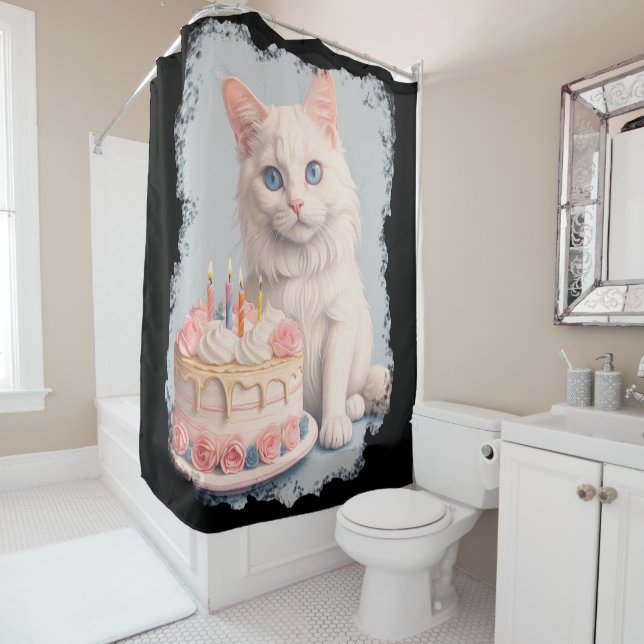 Birthday cat cute shower curtain (In Situ)
