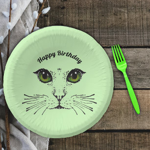 Birthday Cat Face in Black Green Eyes Whiskers Paper Plate