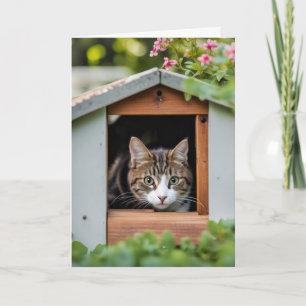 Birthday Cat Hiding in Dog House Card