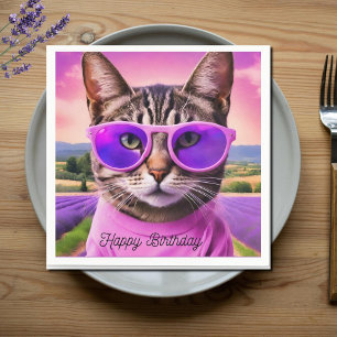 Birthday cat in lavender field napkin