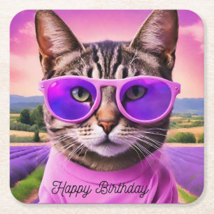 Birthday cat in lavender field square paper coaster
