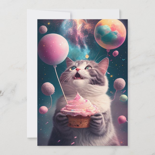 Birthday Cat in Space Flat Greeting Card (Front)