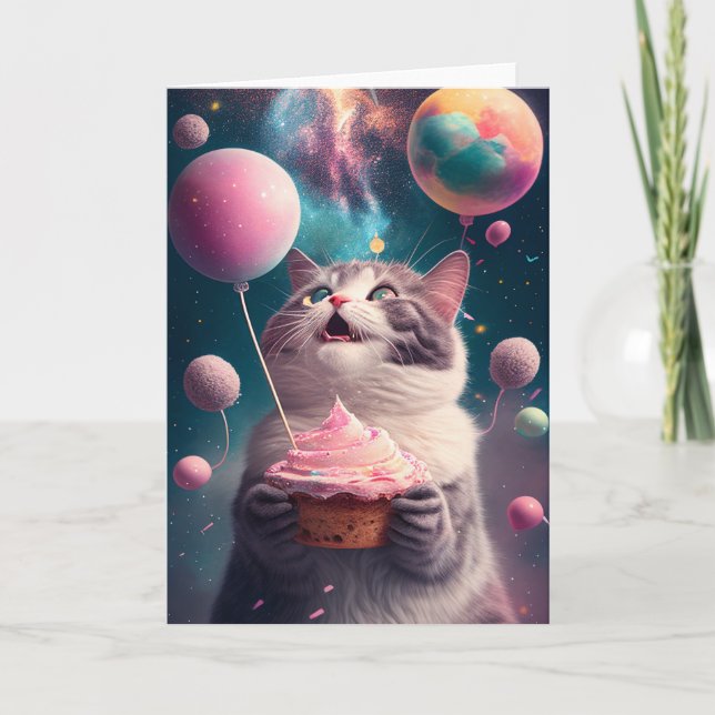 Birthday Cat in Space Greeting Card (Front)