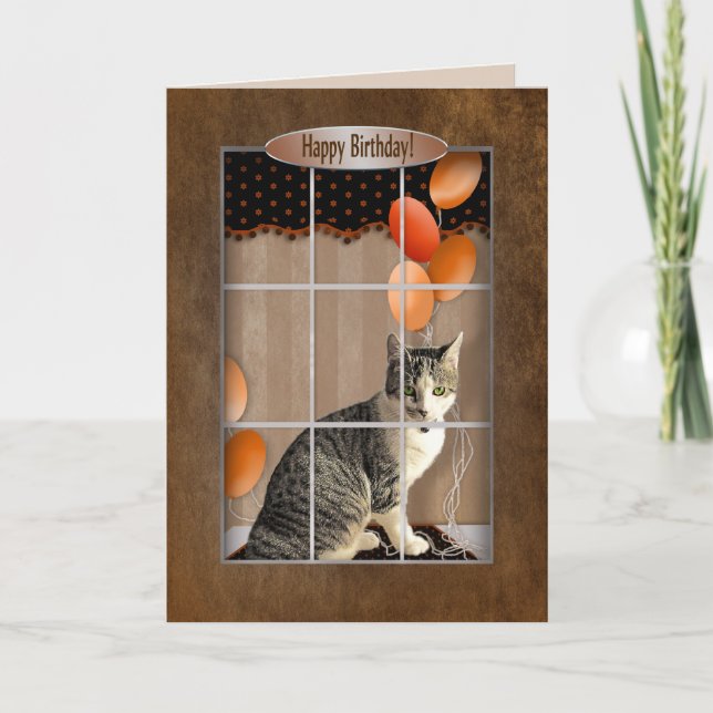 Birthday -  Cat Looking out Window - Balloons Card (Front)