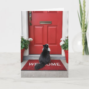 Birthday Cat on a Red Welcome Doormat Card