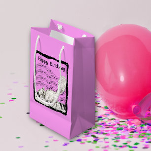 Birthday Cat on Piano Sheet Music Bright Pink Small Gift Bag