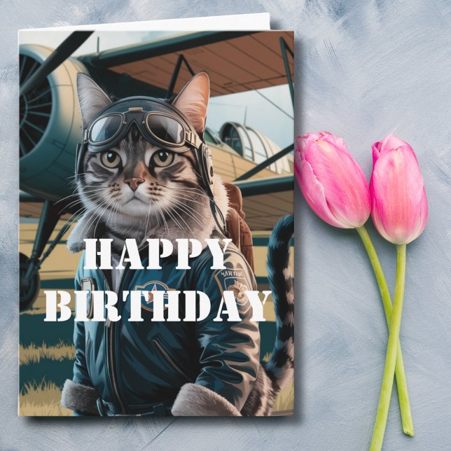 Birthday Cat Pilot & Aeroplane Cool Funny Aviation Card (Creator Uploaded)
