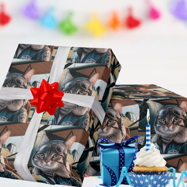 Birthday Cat Pilot & Aeroplane Cool Funny Aviation Wrapping Paper (Creator Uploaded)