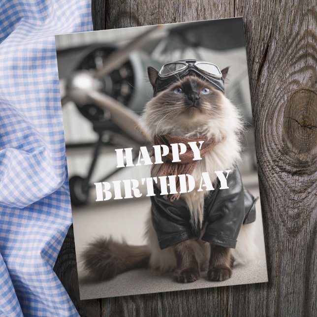 Birthday Cat Pilot Airplane Cool Funny Aviation Card (Creator Uploaded)