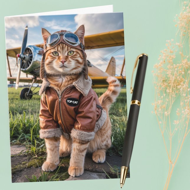 Birthday Cat Pilot Photo & Aeroplane Funny Aviatio Card (Creator Uploaded)