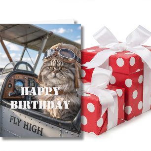 Birthday Cat Pilot Photo & Airplane Funny Aviation Card