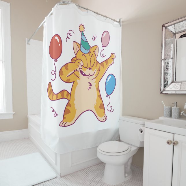 Birthday cat shower curtain (In Situ)