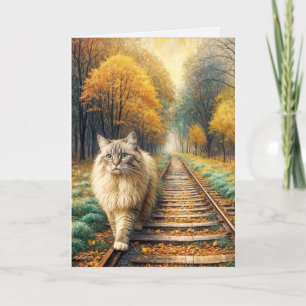 Birthday Cat Walking Down Railroad Tracks Card