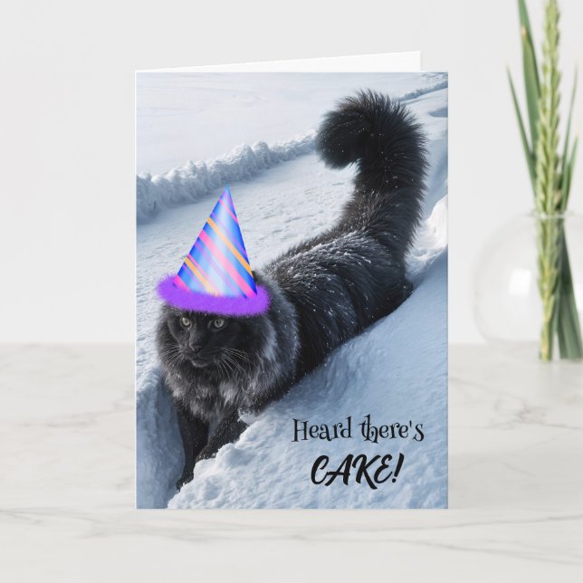 Birthday Cat Walking In Deep Snow Card (Front)