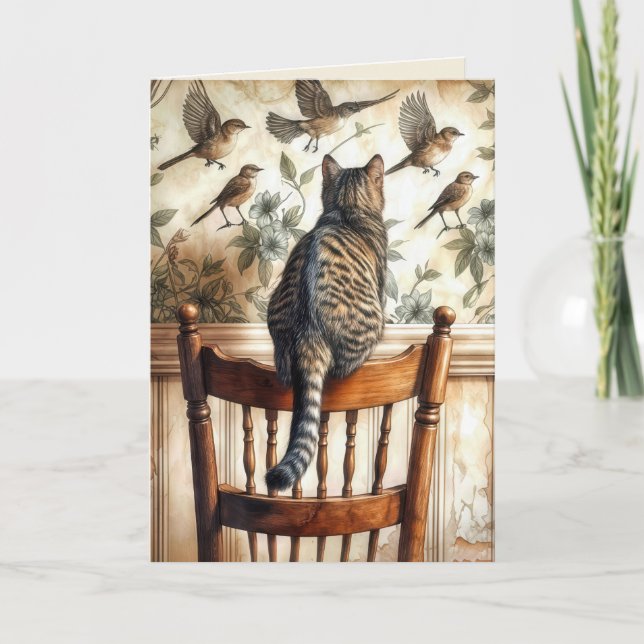 Birthday Cat Watching Birds On Wallpaper Card (Front)
