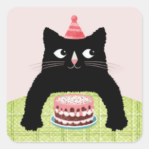 Birthday cat wit Birthday cake and hat Square Sticker