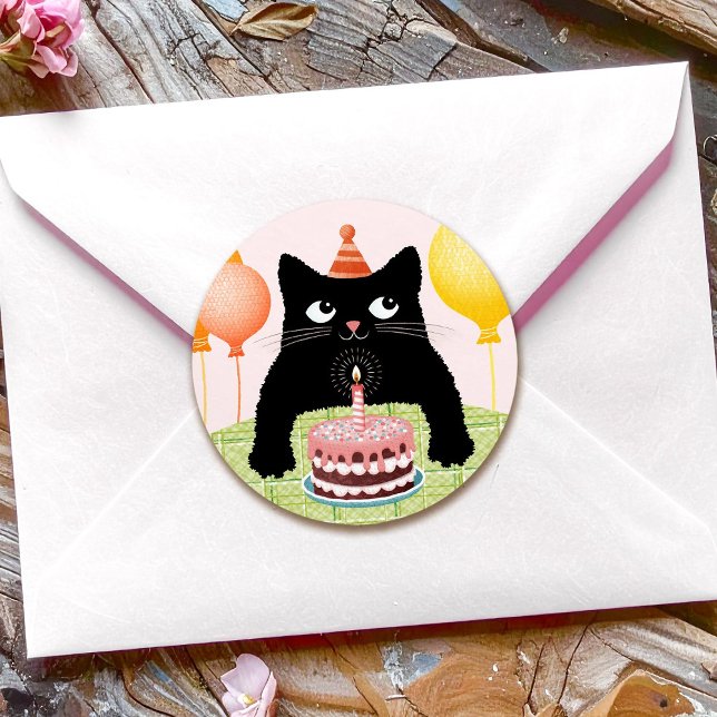 Birthday cat wit cake and party balloons square sticker (Creator Uploaded)