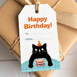 Birthday cat with cake and party balloons gift tags