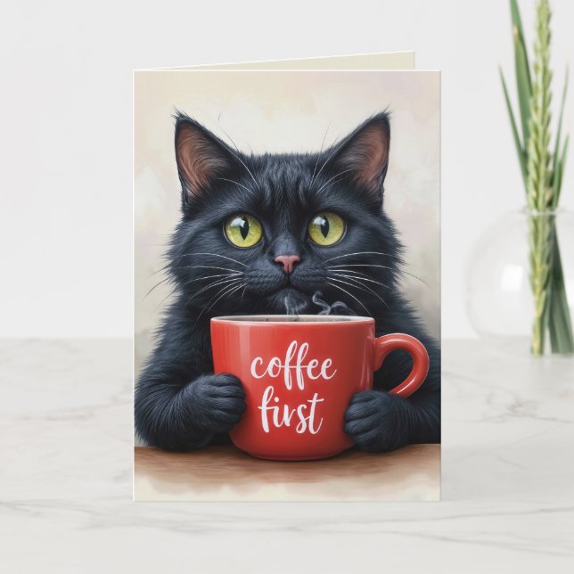 Birthday Cat With Coffee Mug Card (Front)