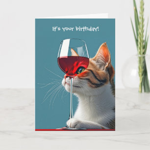 Birthday Cat With Glass of Red Wine Card