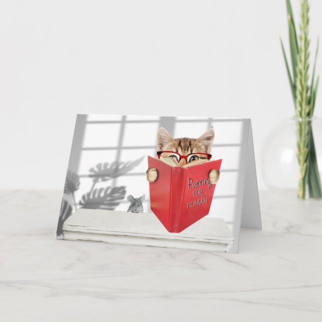 Birthday Cat with Glasses and Red Book Card (Front)