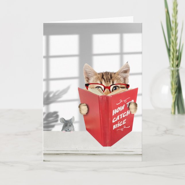 Birthday Cat with Glasses and Red Book  Card (Front)