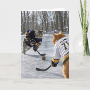 Birthday Cats Playing Ice Hockey with Ball of Yarn Card