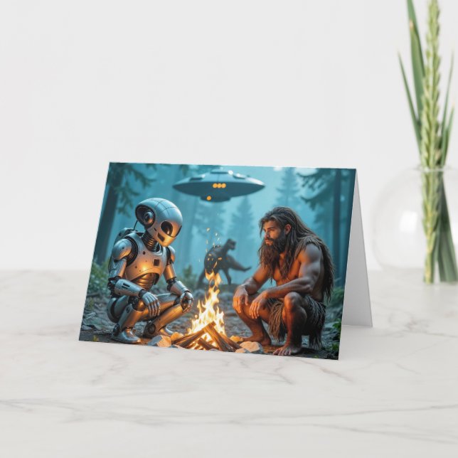 Birthday Caveman and Alien Robot By a Campfire Card (Front)