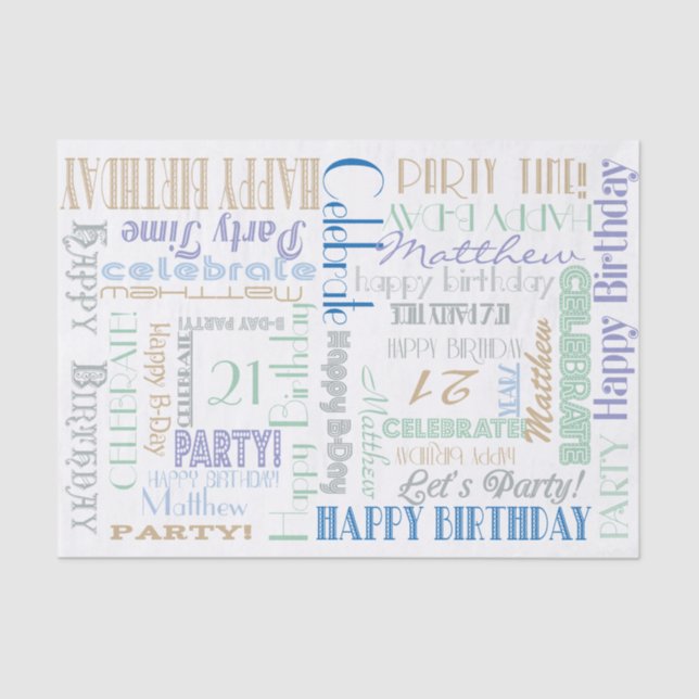 Birthday Celebration! Cool Pastels NAME and AGE Tissue Paper (Front)