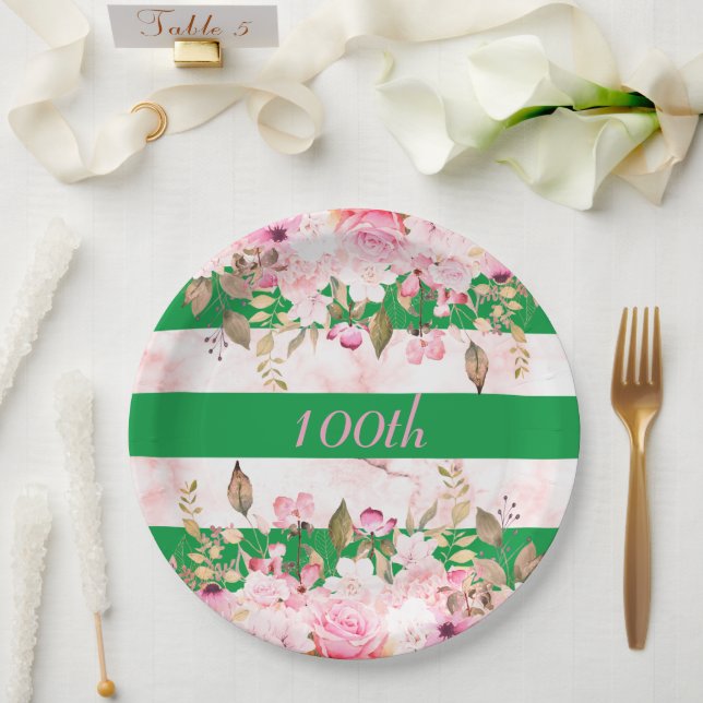 Birthday Celebration Green Pink Stripe Floral Paper Plate (Wedding)