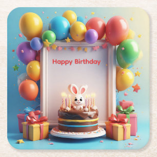 Birthday Celebration Scene with Cake, Balloons Square Paper Coaster