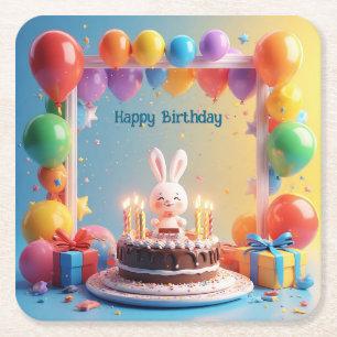 Birthday Celebration Scene with Cake, Balloons Square Paper Coaster