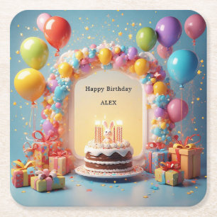 Birthday Celebration Scene with Cake, Balloons Square Paper Coaster