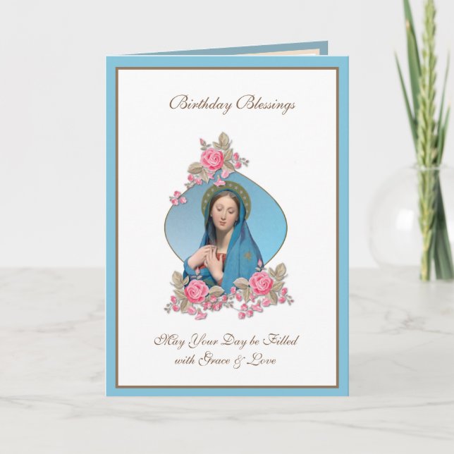 Birthday Celebration Virgin Mary Jesus pink roses Card (Front)