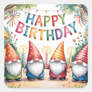 Birthday Celebration with a Group of Garden Gnomes Square Sticker