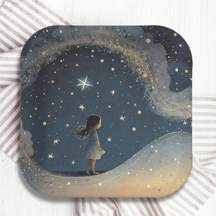 Birthday Celestial Star Watercolor Girl Modern Paper Plate