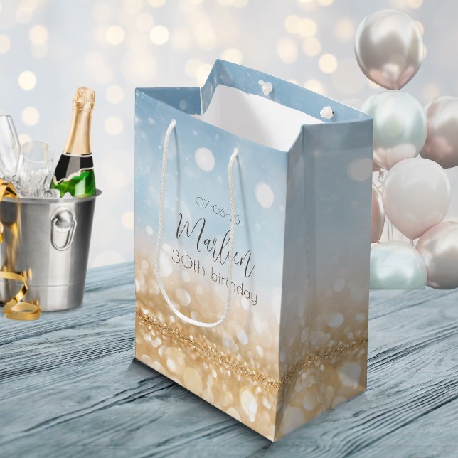 Birthday champagne light blue sparkling gold  medium gift bag (A birthday gift bag for a elegant and glamorous birthday. A faux gold glitter shimmer champagne)