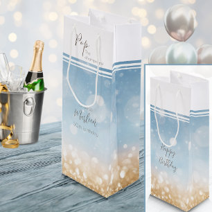 Birthday champagne light blue sparkling gold wine gift bag