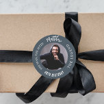 Birthday charcoal grey photo man myth legend classic round sticker<br><div class="desc">A charcoal grey background.   Text: The Man,  The Myth,  The Legend. Personalise and add his name,  age and photo.</div>